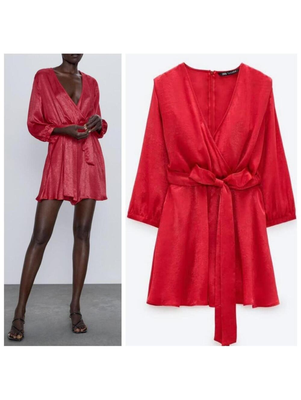 Zara Fuchsia Red Wrap Romper Long Sleeves Shimmering Belted Party (NWT) - Picture 2 of 8